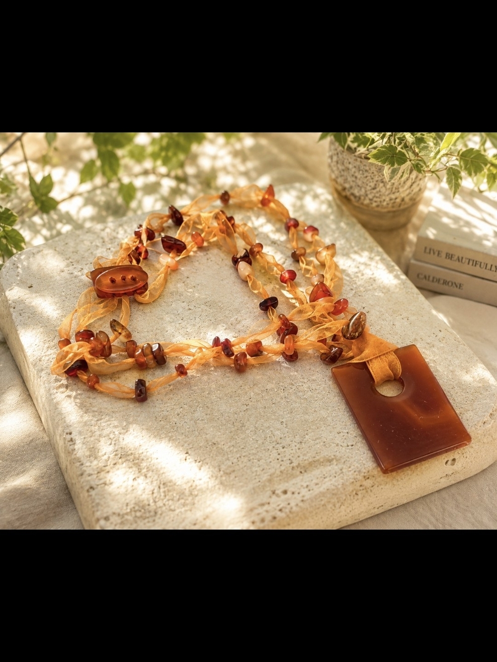 Carnelian  Pendant Necklace Beaded On Silk Ribbon  Beautiful Clasp Also Made Of